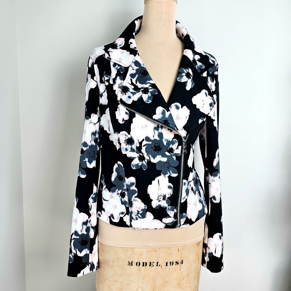 Express Black Floral Cropped Moto Jacket Medium NWT